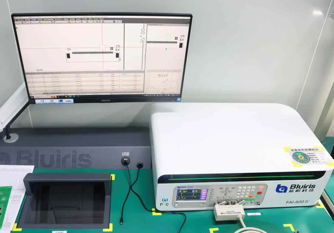 First article inspection station comparing an assembled board against the CAD drawing on screen