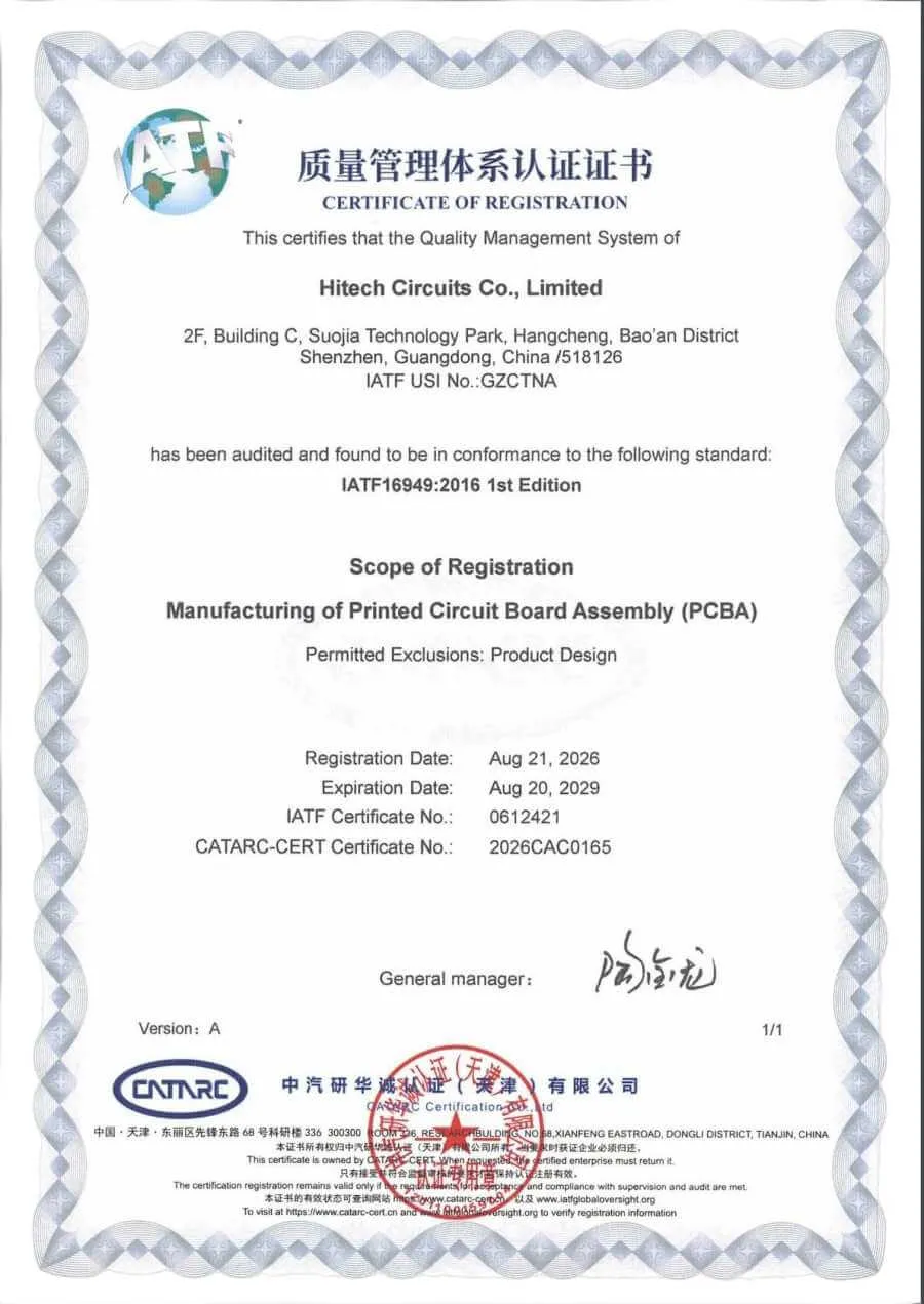 IATF 16949:2016 automotive quality certificate issued to Hitech Circuits