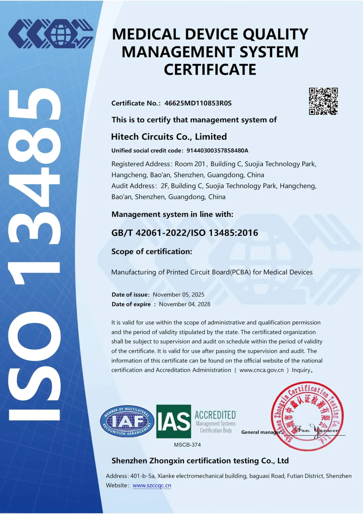 ISO 13485:2016 medical device quality certificate issued to Hitech Circuits