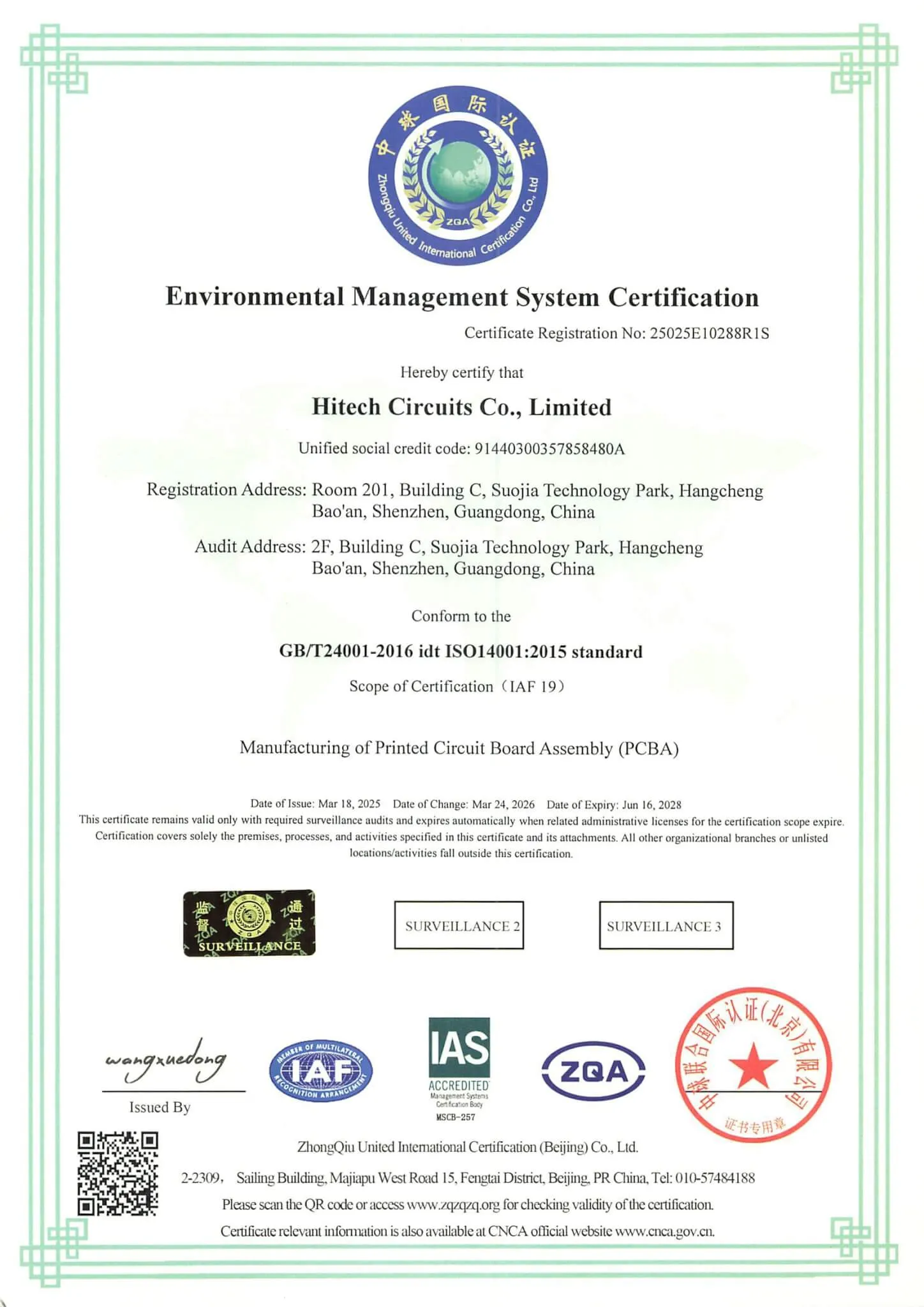 ISO 14001 environmental management certificate issued to Hitech Circuits
