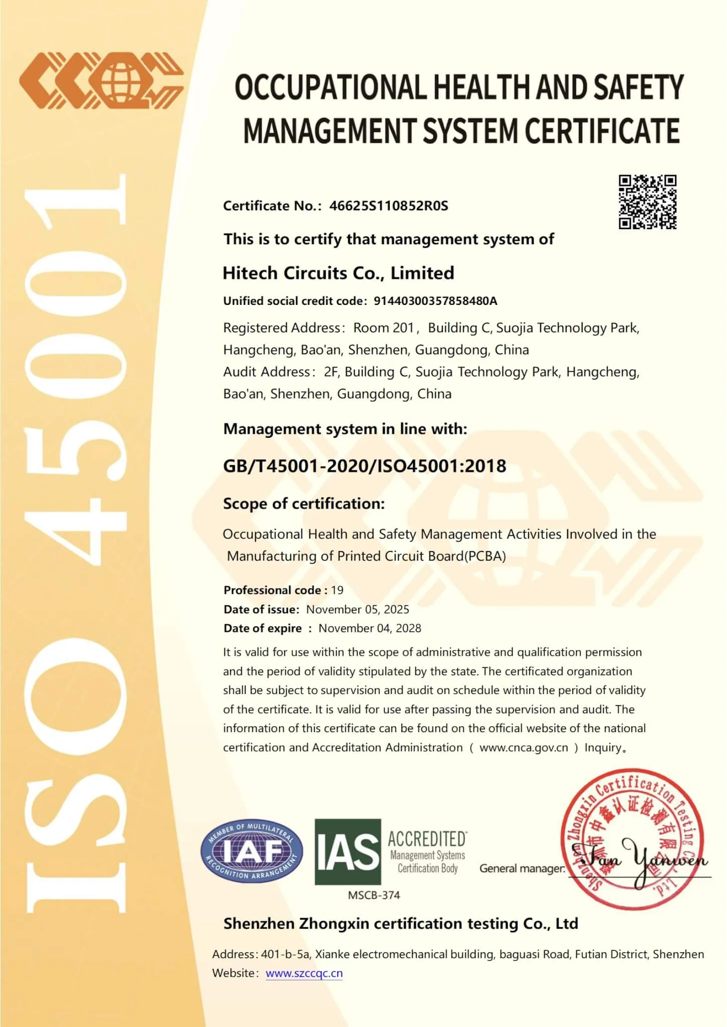 ISO 45001 occupational health and safety certificate issued to Hitech Circuits
