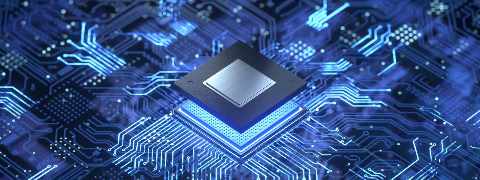 Close-up render of a processor package mounted on a densely routed printed circuit board